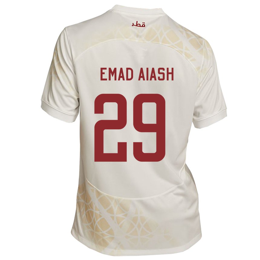 Bambino Maglia Qatar Mohamed Emad Aiash #29 Beige Oro Kit Gara Away 22-24 Maglietta