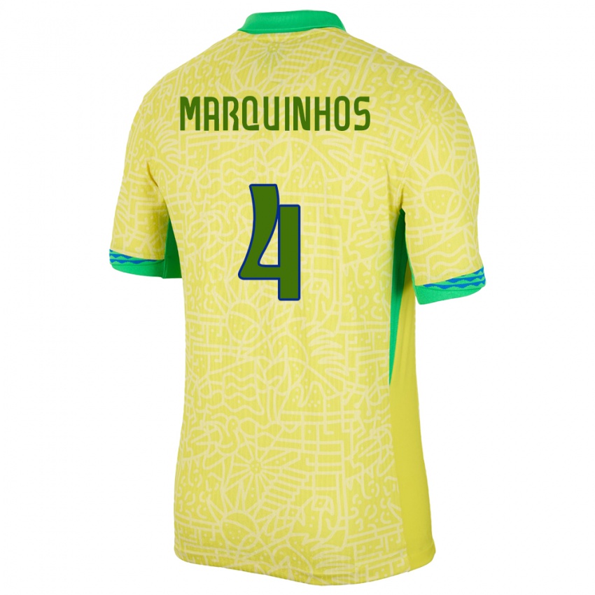 Bambino Maglia Brasile Marquinhos #4 Giallo Kit Gara Home 24-26 Maglietta