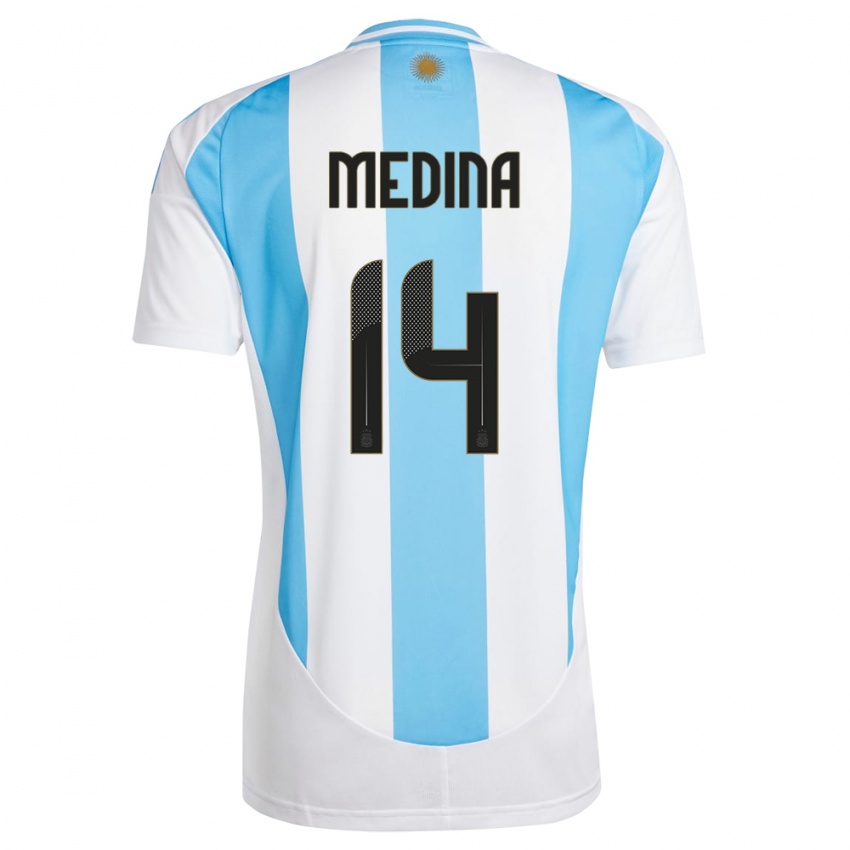 Uomo Maglia Argentina Facundo Medina #14 Bianco Blu Kit Gara Home 24-26 Maglietta
