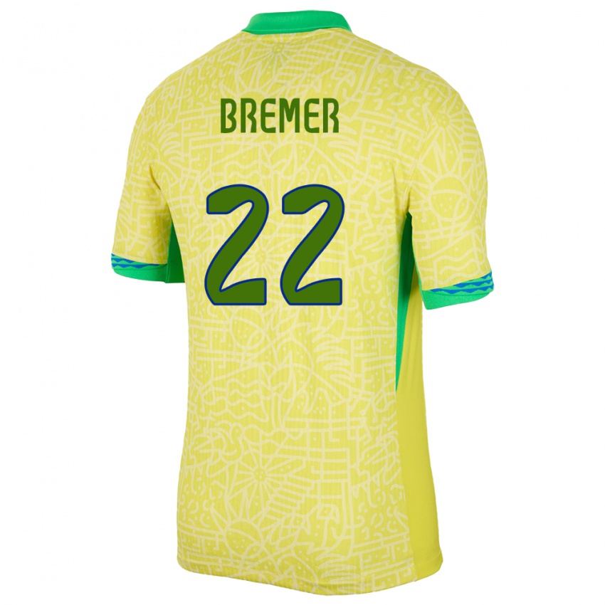 Uomo Maglia Brasile Bremer #22 Giallo Kit Gara Home 24-26 Maglietta