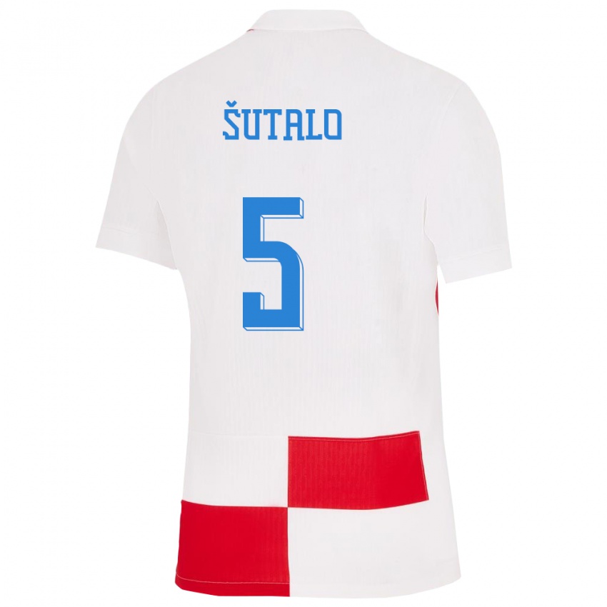 Uomo Maglia Croazia Josip Sutalo #5 Bianco Rosso Kit Gara Home 24-26 Maglietta