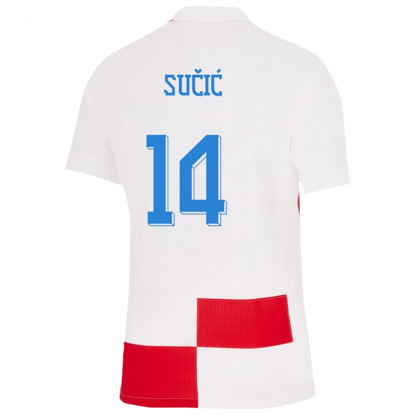 Uomo Maglia Croazia Luka Sucic #14 Bianco Rosso Kit Gara Home 24-26 Maglietta