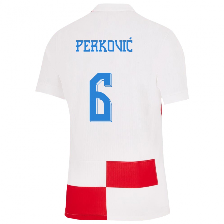Uomo Maglia Croazia Mauro Perkovic #6 Bianco Rosso Kit Gara Home 24-26 Maglietta
