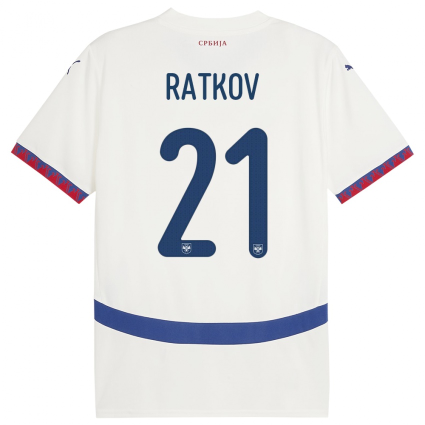 Uomo Maglia Serbia Petar Ratkov #21 Bianco Kit Gara Away 24-26 Maglietta