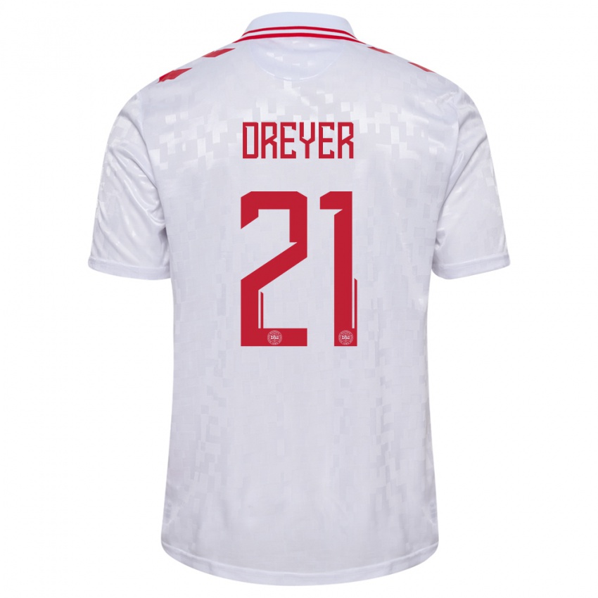 Uomo Maglia Danimarca Anders Dreyer #21 Bianco Kit Gara Away 24-26 Maglietta