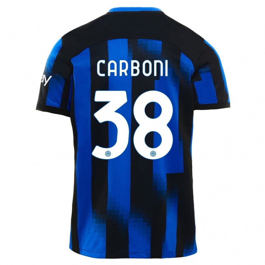 Bambino Maglia Valentin Carboni #38 Nero Blu Kit Gara Home 2023/24 Maglietta