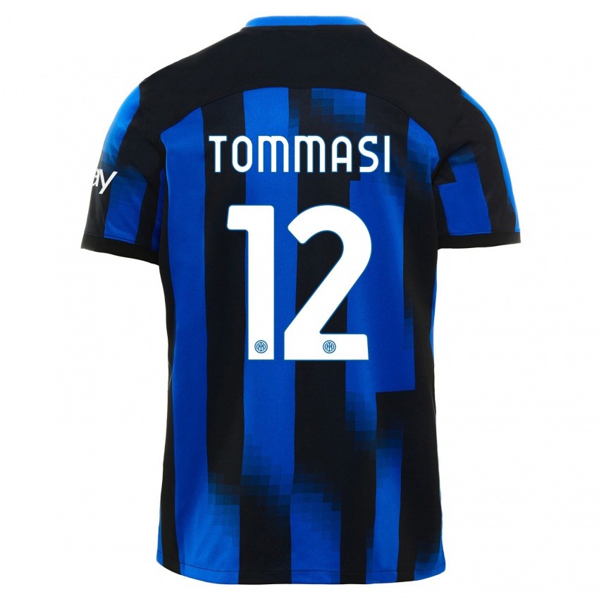 Uomo Maglia Francesco Tommasi #12 Nero Blu Kit Gara Home 2023/24 Maglietta