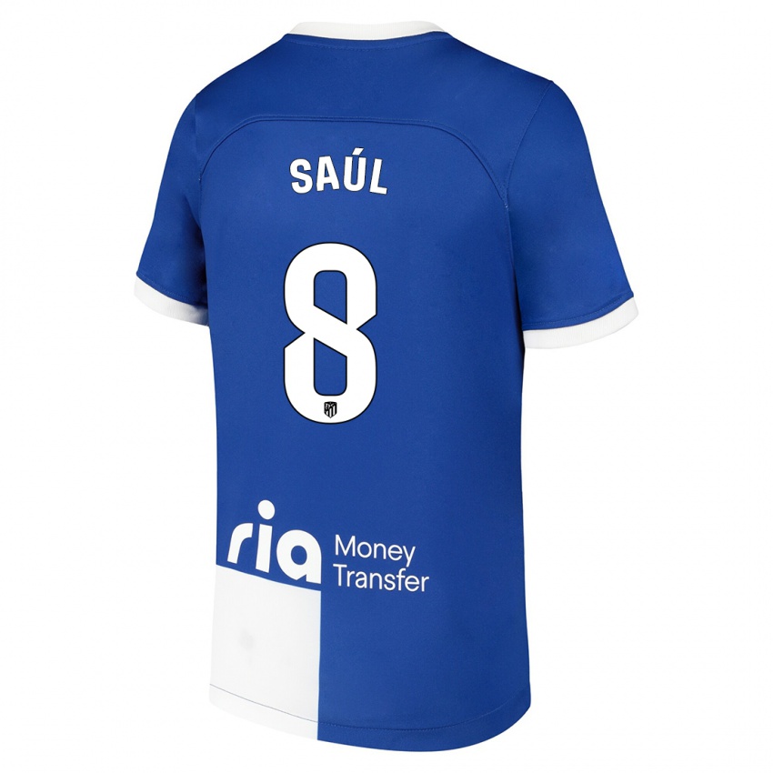 Uomo Maglia Saul Niguez #8 Blu Bianco Kit Gara Away 2023/24 Maglietta