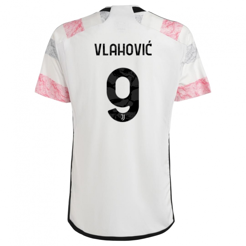 Uomo Maglia Dusan Vlahovic #9 Bianco Rosa Kit Gara Away 2023/24 Maglietta